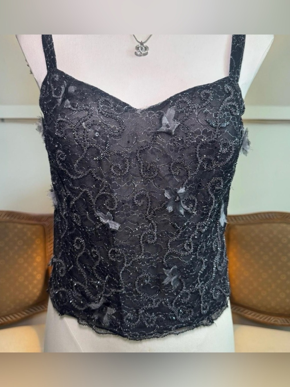 Vintage 90s/y2k Black Lace Floral Fairy Beaded Embellished Top - Picture 2 of 6
